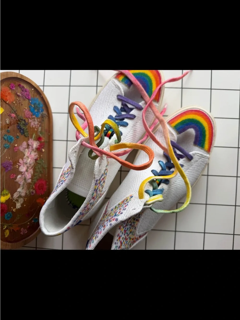 Rothy's White High-Top Sneakers with Rainbow Toe and Multicolor Laces Size10